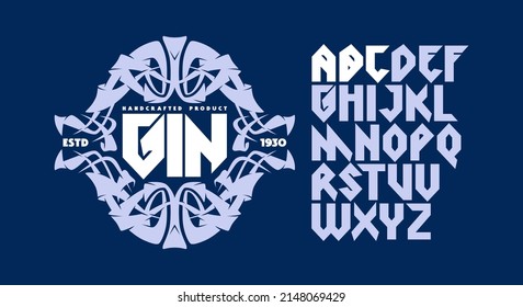 Tipo de letra sans serif en estilo viking y etiqueta de plantilla para gin. Cartas para el diseño del logotipo y del emblema. Ilustración del vector