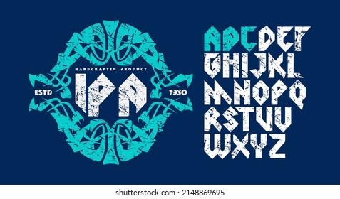 Sans serif font in viking style and template label for ipa beer. Letters with vintage texture for logo and emblem design. Vector illustration