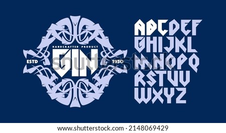 Sans serif font in viking style and template label for gin. Letters for logo and emblem design. Vector illustration