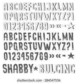 Sans Serif Grunge Alphabet. Shabby And Extruded Fonts Drawn By Hand. Fancy Handmade  Letters.