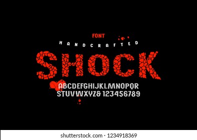 Sans serif handcrafted font, alphabet, typography. Typeface with cracked face. Letters and numbers for movie, halloween logo and headline design. Color print on black background