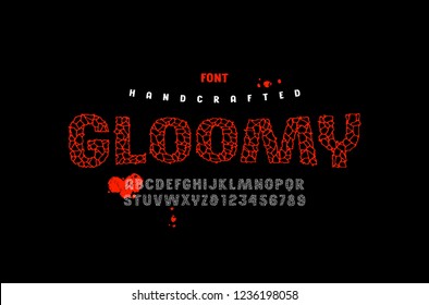 Sans serif handcrafted font, alphabet, typography. Typeface with cracked face. Letters and numbers for movie, halloween logo and headline design. Color print on black background