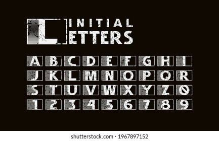 Sans serif letras iniciales con textura vintage. Aislado sobre fondo negro
