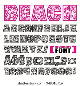 Sanserif decorative font with pattern palm leaves. Extra bold face