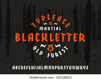 Sanserif font in black letter style. Gothic typeface on forest texture background