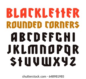 Sanserif font in black letter style with rounded corners. Design for titles and logos. Isolated on white background