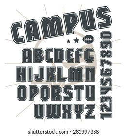 Sanserif font in college style with contour. Black print on light background