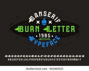 Sanserif font with flame initial letter. Typeface design for t-shirt. Color print on black background
