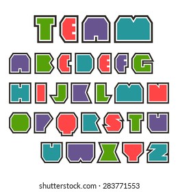 Sanserif font in the form of geometric plates with contour. Color font on white background
