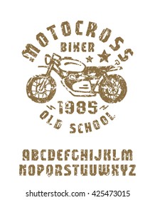 Sanserif font hand-drawn. Extra bold face. Graphic design for t-shirt. Brown print with shabby texture on white background