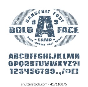 Sanserif font with hand-drawn soft shape. Font design for t-shirt. Blue print with shabby texture on white background