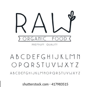 Sanserif font with hand-drawn soft shape. Raw vegan label. Isolated on white background