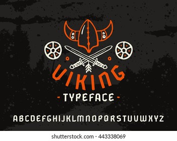 Sanserif font in historical style. Viking typeface. Color print on dark texture background