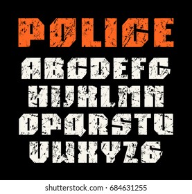 Sanserif font in military style. Letters with shabby texture. Print on black background 