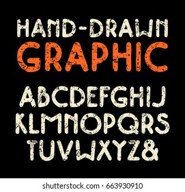 Sanserif font with rounded corners. Typeface in the style of handmade graphics. Letters with shabby texture. Print on black background