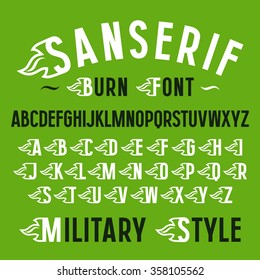 Sanserif font and set of initial letter with stylized flames. Print on green background