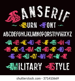 Sanserif font and set of initial letter with stylized flames. Color print on black background