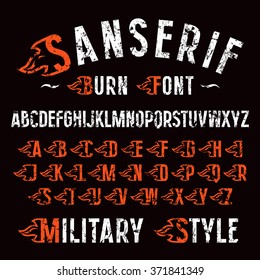 Sanserif font and set of initial letter with stylized flames. Color print on black background