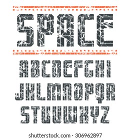 Sanserif font in sport style with the inner strip and shabby texture. Isolated on white background