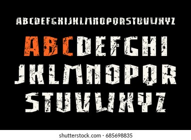 Sanserif font in weightlifting style. Letters with shabby texture. Print on black background