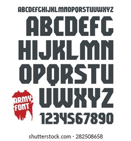 Sanserif geometric font and numeral in military style. Black print on white background