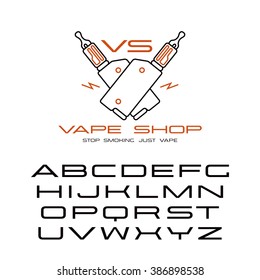 Sanserif wide font in thin line style and vape shop emblem. Color print  on white background