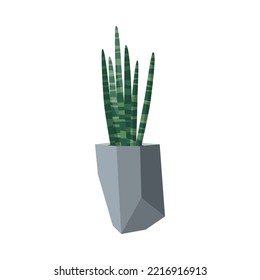 Sansevieria cylindrical in stone flowerpot flat vector illustration. Green indoor houseplant, flower with vertical leaves in pot isolated on white background. Nature, urban jungle concept