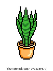 Sansevieria en una olla anaranjada, icono de píxel aislado en fondo blanco. Casa decorativa de 8 bits. Hogar,elemento interior de oficina. Máquina de tragaperras retro vintage de la vieja escuela, gráficos de videojuegos.