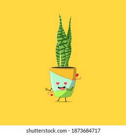 Sansevieria plant character falling in love isolated on yellow background. Sansevieria plant character emoticon illustration