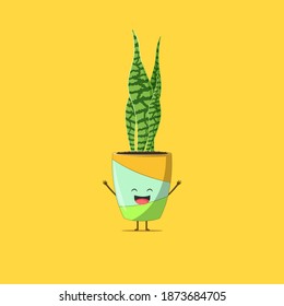 Sansevieria plant character feeling happy isolated on yellow background. Sansevieria plant character emoticon illustration