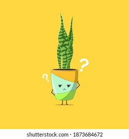 Sansevieria plant character feels puzzled isolated on yellow background. Sansevieria plant character emoticon illustration