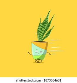 Sansevieria plant character running away isolated on yellow background. Sansevieria plant character emoticon illustration