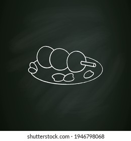 Sanshoku dango chalk icon. Rice balls or dumplings on stick.Traditional dish.Spring Japanese food concept. Isolated vector illustration on chalkboard