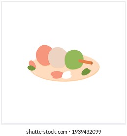Icono plano de Sanshoku dango. Bolas de arroz o bolas de bolas con palo. Platos tradicionales. Concepto de cocina japonesa de primavera. Ilustración del vector