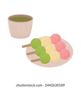 Sanshoku Dango und Matcha Vektor-Illustration auf weißem Hintergrund. Sanshoku Dango ist ein traditioneller japanischer Snack.