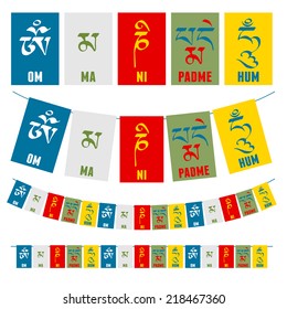 Sanskrit calligraphy of Buddhist Mantra  "Om Mani Padme Hum" on multicolored flags. 