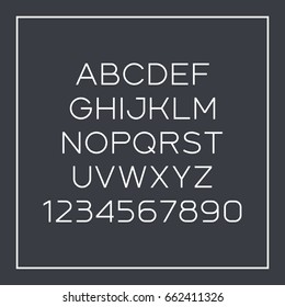 Sans-serif font with elegant thin lines. Vector alphabet with latin letters and numbers