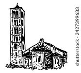 Sant Climent de Taüll. Roman Catholic church in Catalonia, Spain. Romanesque architecture. Hand drawn linear doodle rough sketch. Black and white silhouette.