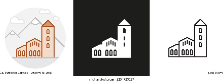 Sant Esteve Church filled outline and glyph icon. Landmark building from Andorra la Vella.
