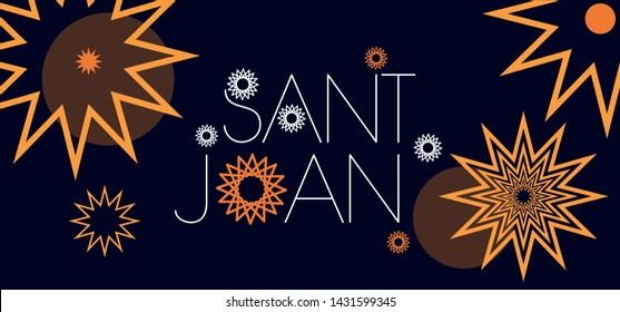 Sant Joan - hand drawn lettering, written in Spanish on dark blue background. Flat vector illustration for cards, invitations, greetings, seasonal design and decoration, posters, flyers, prints, web.