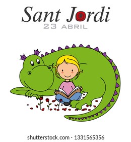 Sant Jordi. Catalonia traditional celebration. girl and dragon reading a book