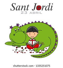 Sant Jordi. Catalonia traditional celebration. Boy and dragon reading a book