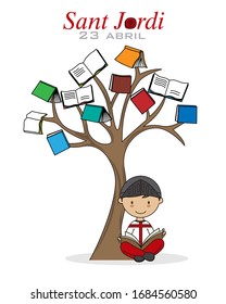  Sant Jordi. Catalonia traditional celebration. Tree with books and Knight reading