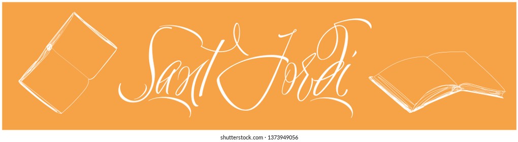 Sant Jordi or Saint George's Day - hand drawn lettering, written in Spanish on yellow background. Flat vector illustration with books for design, invitations, greetings, cards, posters, prints, web.