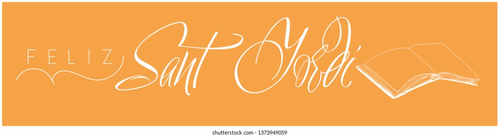 Sant Jordi or Saint George's Day - hand drawn lettering, written in Spanish on yellow background. Flat vector illustration with books for design, greetings, invitations, cards, posters, prints, web.