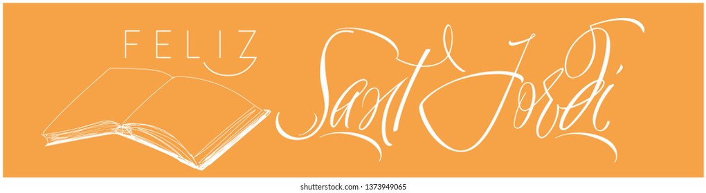 Sant Jordi or Saint George's Day - hand drawn lettering, written in Spanish on yellow background. Flat vector illustration with books for cards, greetings, invitations, posters, prints, design, web.