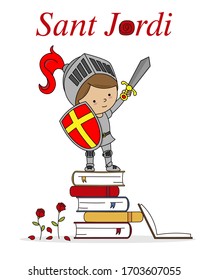 Sant Jordi traditional festival of Catalonia Spain. Warrior on top of books