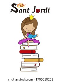 Sant Jordi traditional festival of Catalonia Spain. Princess reading on top of a pile of books.isolated vector