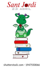  Sant Jordi traditional festival of Catalonia Spain. Dragon with a rose sitting on top of books. isolated vector