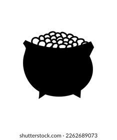 Sant Patrick's Day, Cauldron with gold, Linear doodle drawn icon leprechaun treasure.